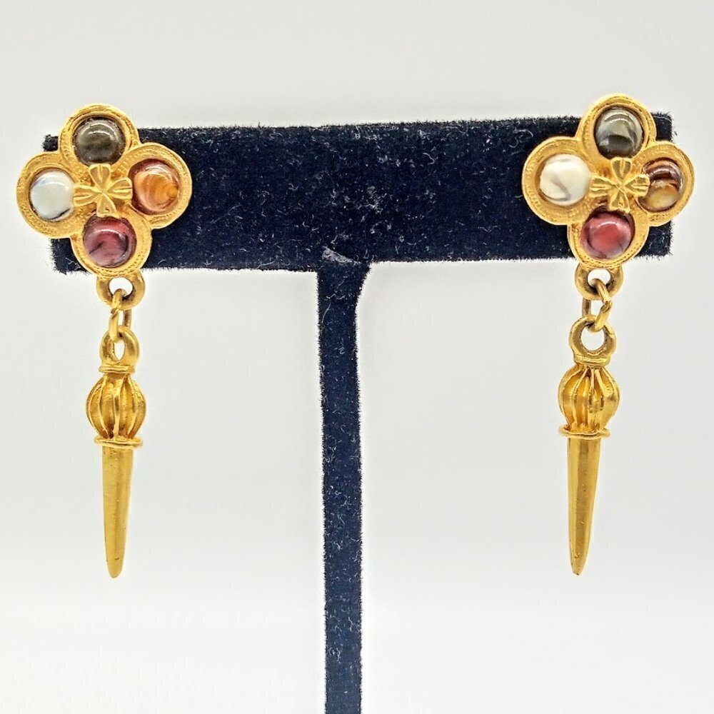 Brushed Matte Gold & Stone Pierced Drop Fashion Earrings